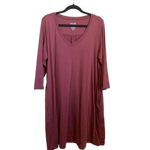 wool& Merino Wool V-Neck Pocket Tunic Dress Burgundy XXL Long 3/4 Sleeve